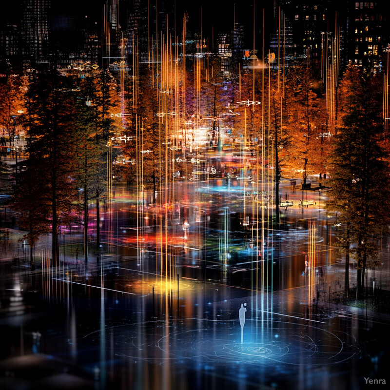 A futuristic representation of a cityscape at night, with towering skyscrapers and bustling streets.