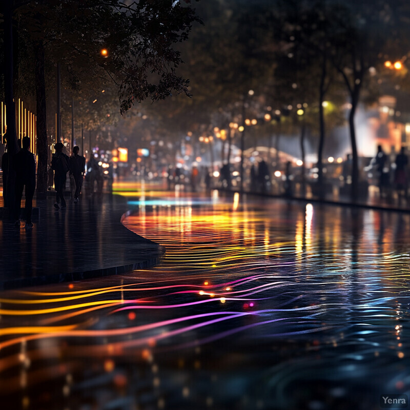 A dynamic and colorful image of a city street at night, with a focus on the vibrant spectrum of light emanating from the buildings and streetlights.