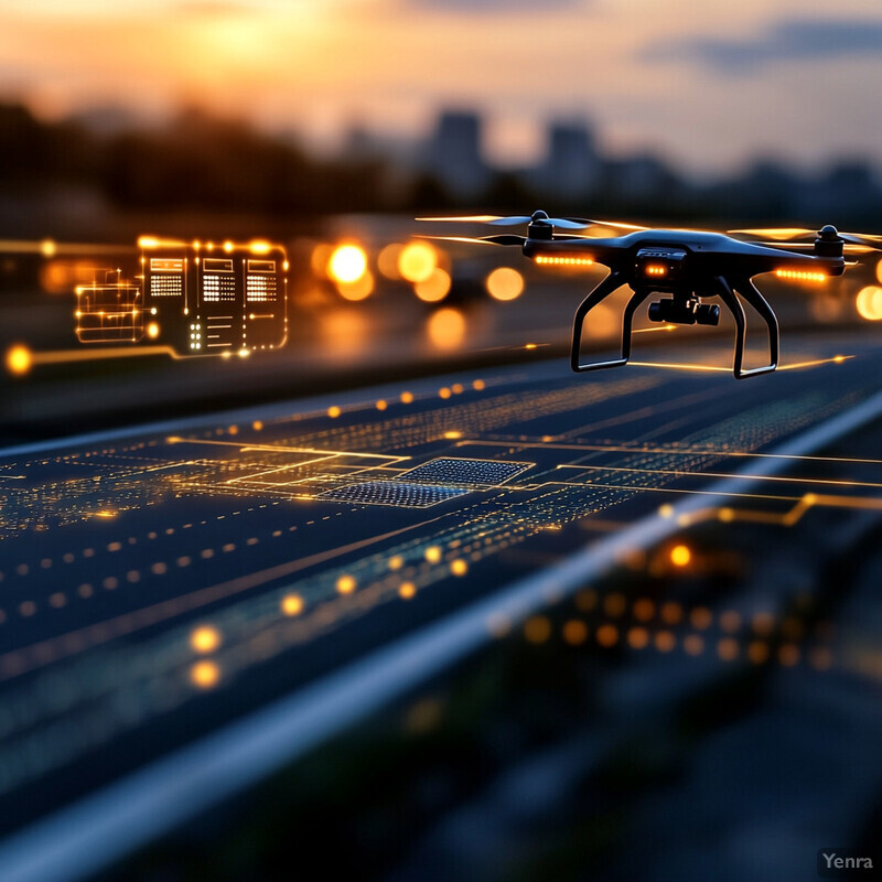 A drone flying over a road at sunset or sunrise, with a blurred cityscape in the background.