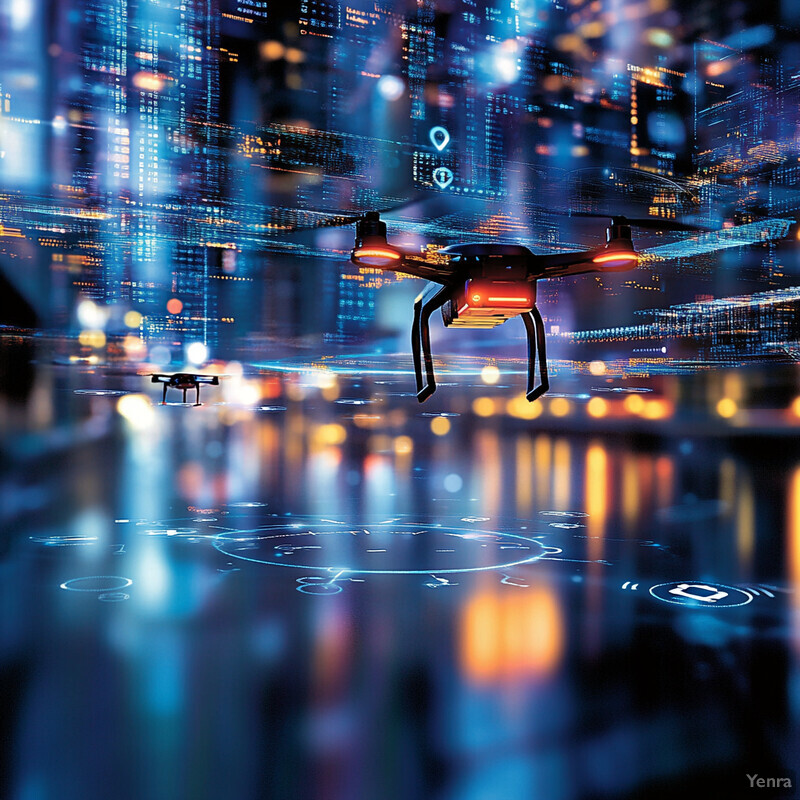 A futuristic scene with multiple drones flying in the air above a cityscape at night