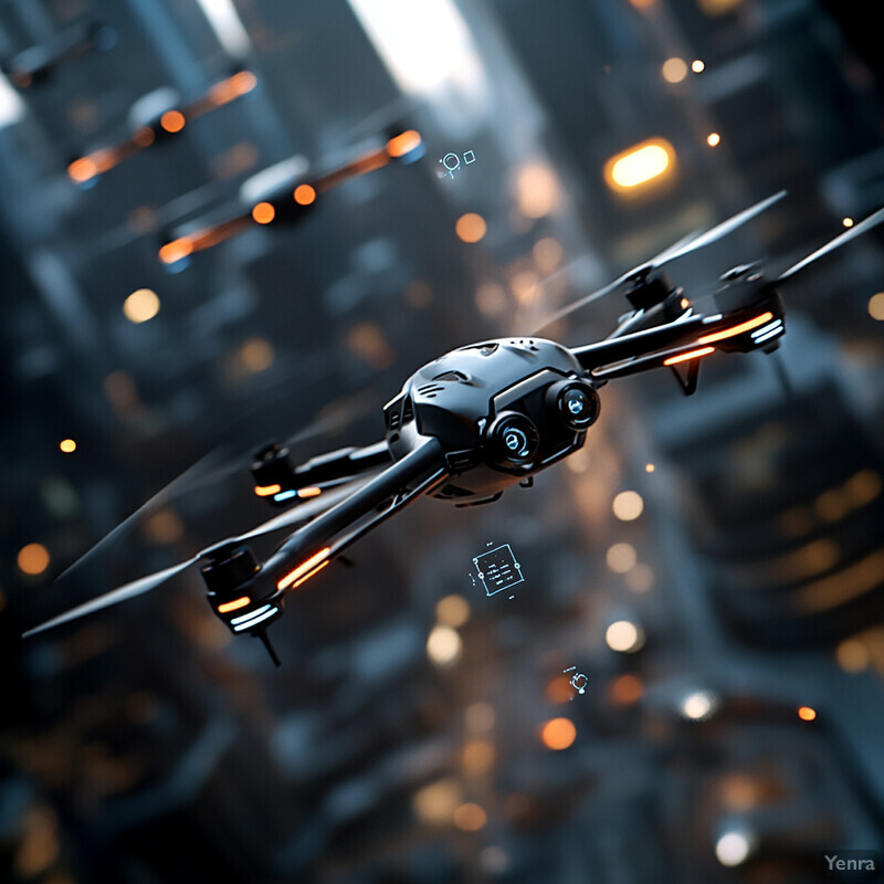 A drone is flying over a cityscape at dusk or dawn, capturing the modern technology and urban development of the area.