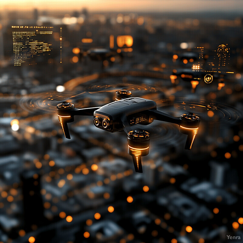 A drone is flying over a city at sunset or sunrise.