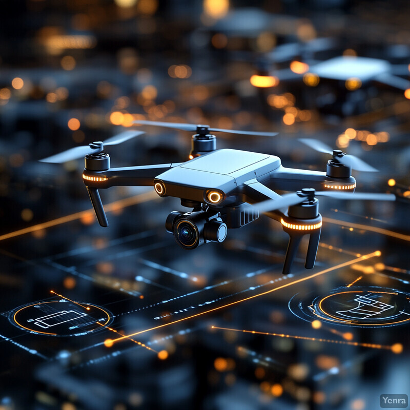 A drone hovers above a cityscape at night, equipped with cameras for surveillance or photography purposes.