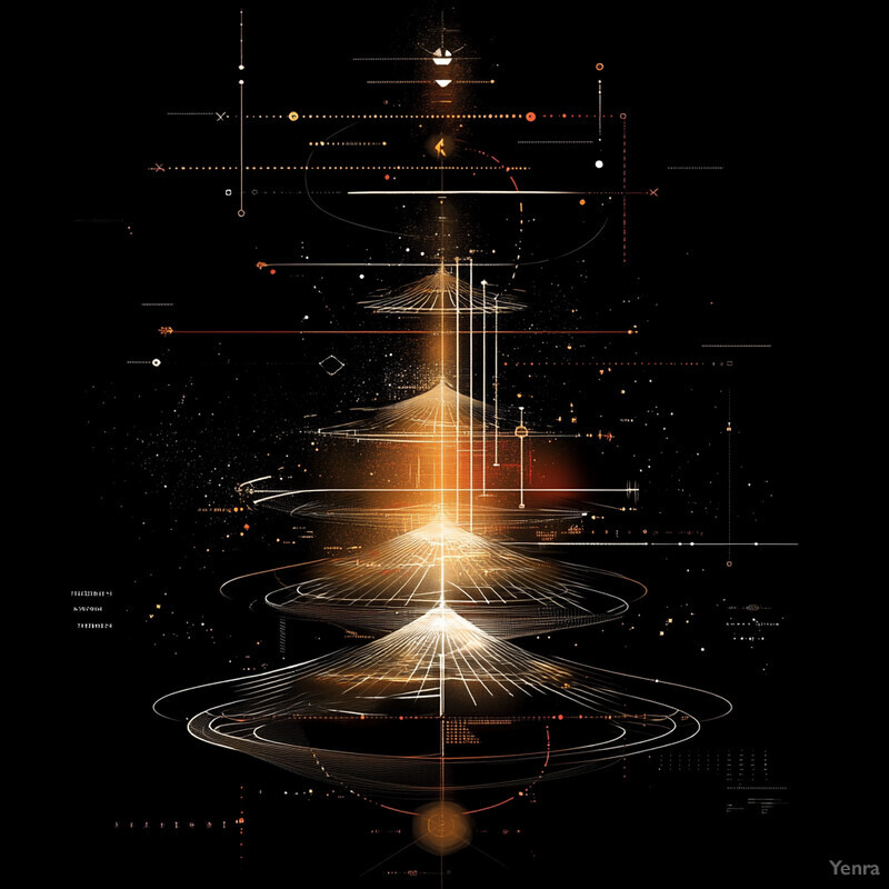 A visually striking representation of Hierarchical Control Structures featuring orange and white hues, geometric shapes, lines, and abstract setting.