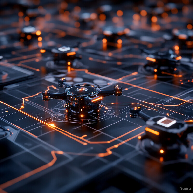 A complex network of circuit boards and microchips with intricate patterns and orange accents.