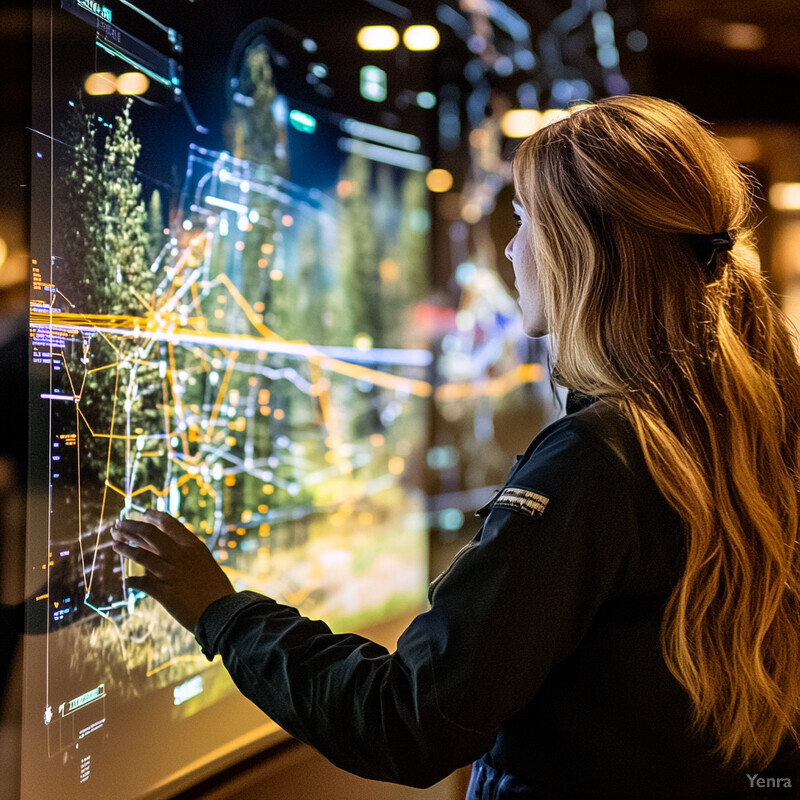 A woman interacts with an interactive screen displaying a forest scene at an amusement park or theme park.