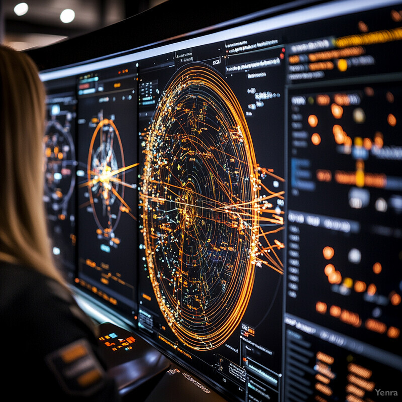 A woman is intently analyzing data on multiple computer screens in a professional setting.