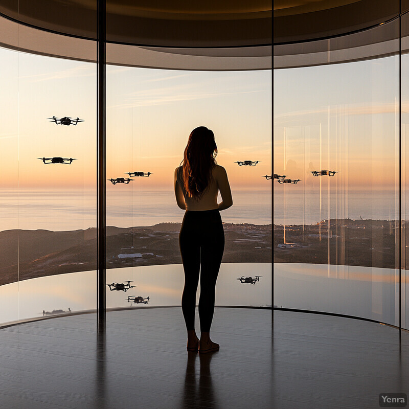 A woman stands in front of a window, gazing out at a stunning sunset over a body of water.