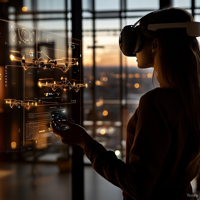 A woman wearing a VR headset and holding a smartphone stands in front of a window with a cityscape outside.