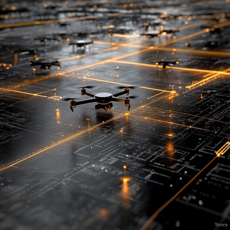 A black drone with sensors flying over a dark surface with circuit board-like patterns.