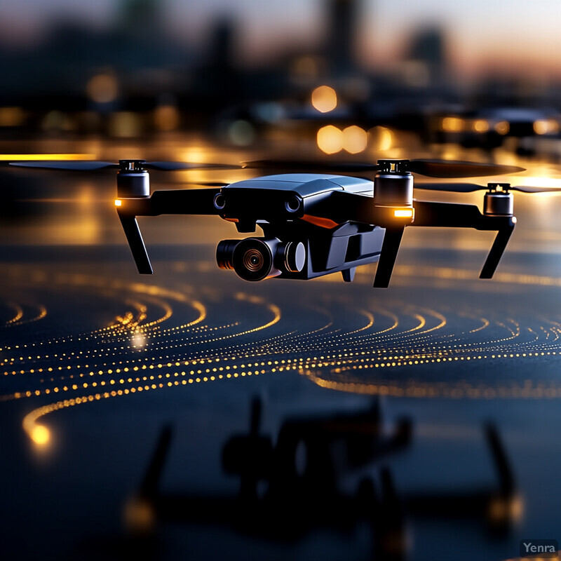 A drone is flying over a body of water with a blurred bridge in the background.