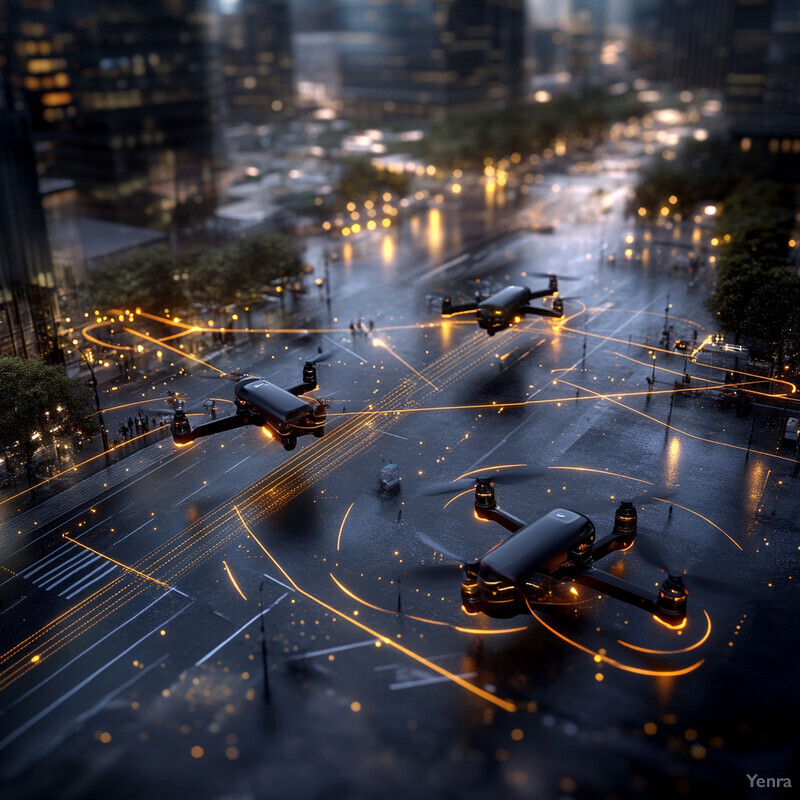 Four black drones flying in a city street at night, avoiding collisions and navigating through the urban landscape.