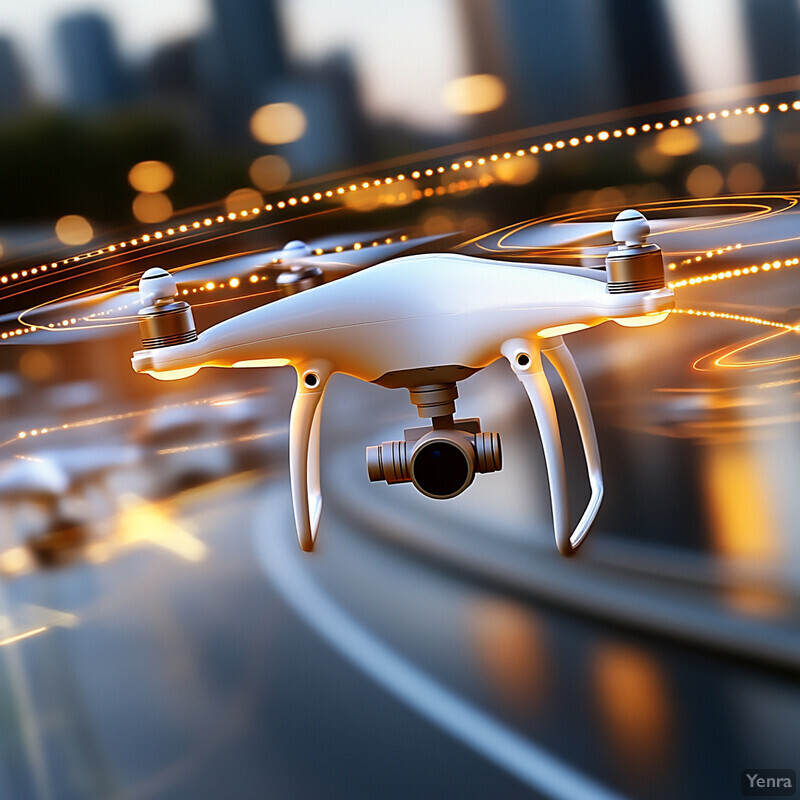 A white drone with a camera and lights flying over an urban road or highway at dusk or dawn.