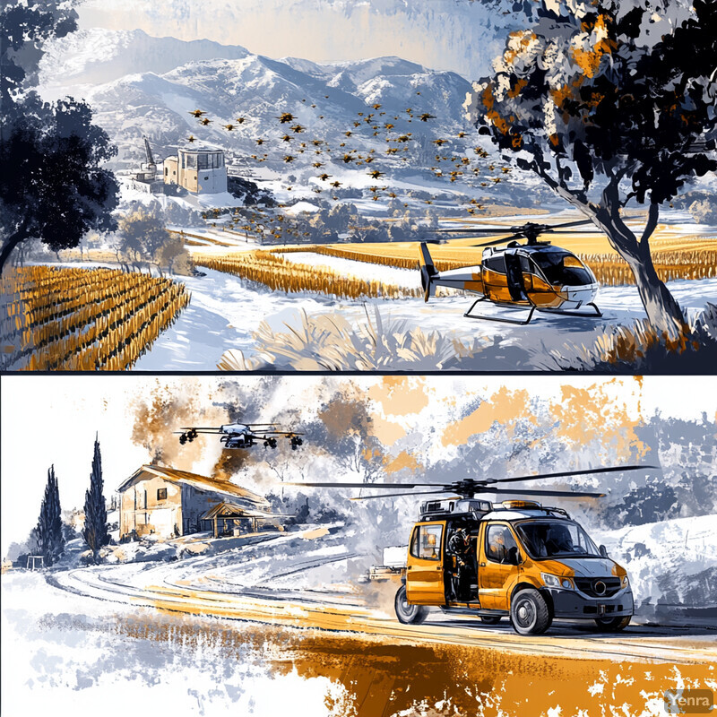 A peaceful landscape with two helicopters and a van driving down the road.