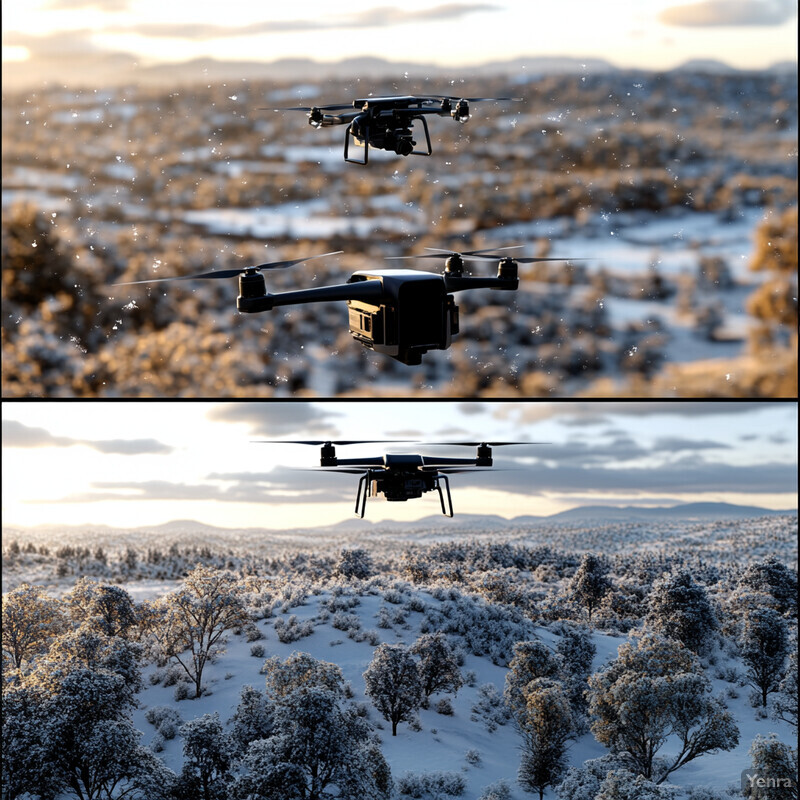 Two black drones flying over a snowy field with trees and hills in the distance.