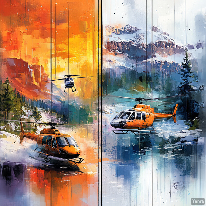 Three helicopters flying over a snow-covered mountain range.