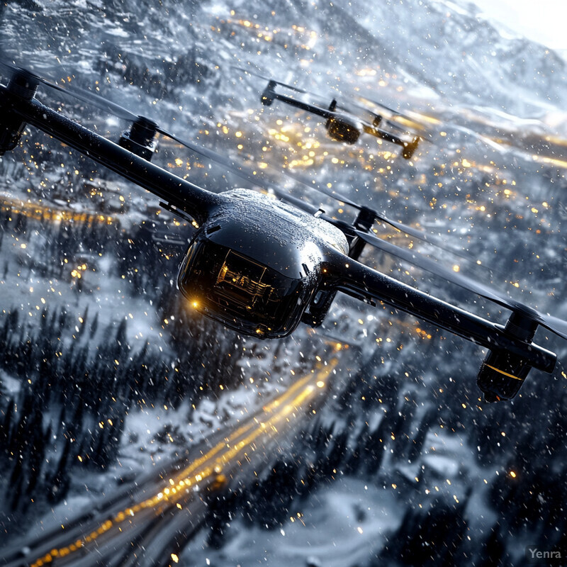 Three black drones flying over a snowy landscape at night.