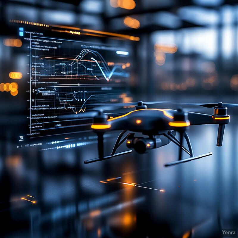 A drone hovering above a reflective surface with a blurred background, possibly in an indoor setting.