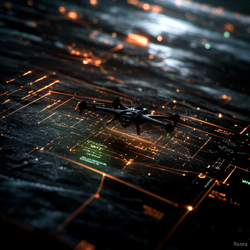 A drone hovers above a dark cityscape with orange lights.