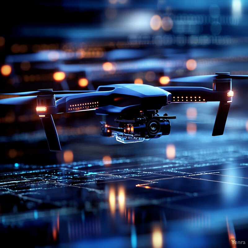 A drone with lights on its arms flies over a cityscape at night for surveillance or security purposes.