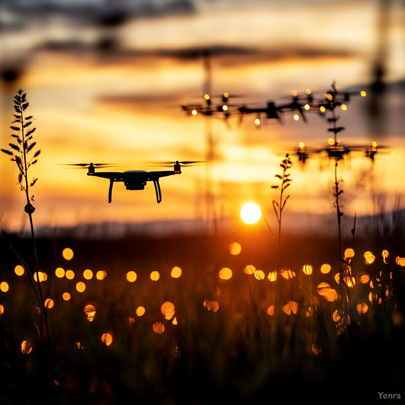 A fleet of drones fly in formation over a field at sunset.