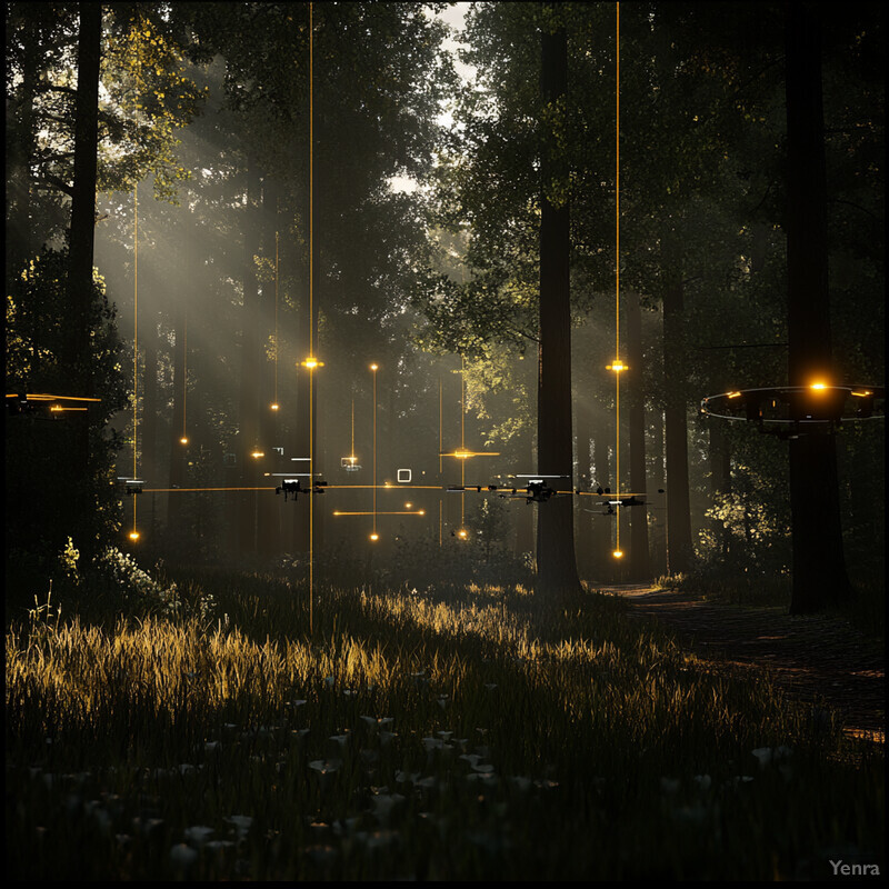 A serene forest scene with a narrow path and towering trees.