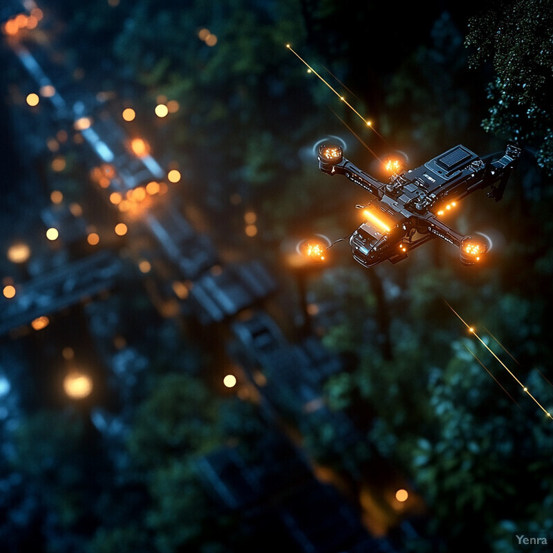 A futuristic drone hovers above a forested area at night, equipped with glowing orange orbs and navigating through the dense canopy.