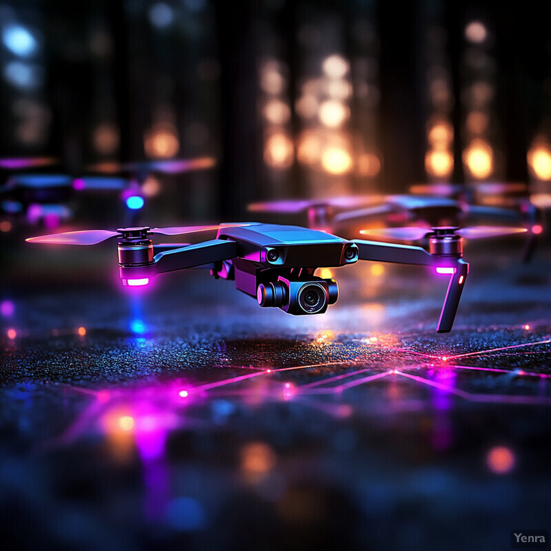 A drone navigates through a dark environment with neon lights illuminating its path.