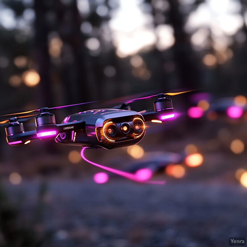 A drone in flight over a forest or wooded area.