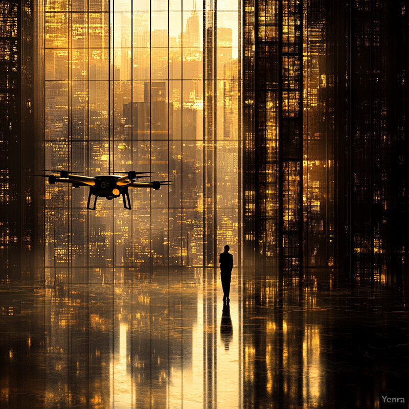 A futuristic scene with a drone flying through the air and a cityscape in the background.