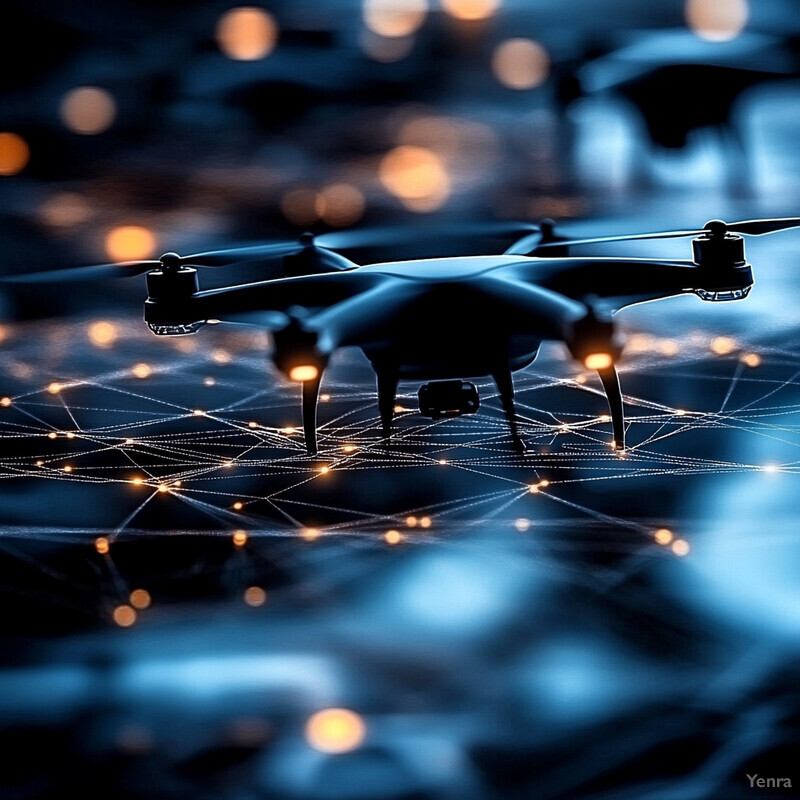 A drone is shown hovering above a network of glowing blue lines, likely representing communication mesh networks.