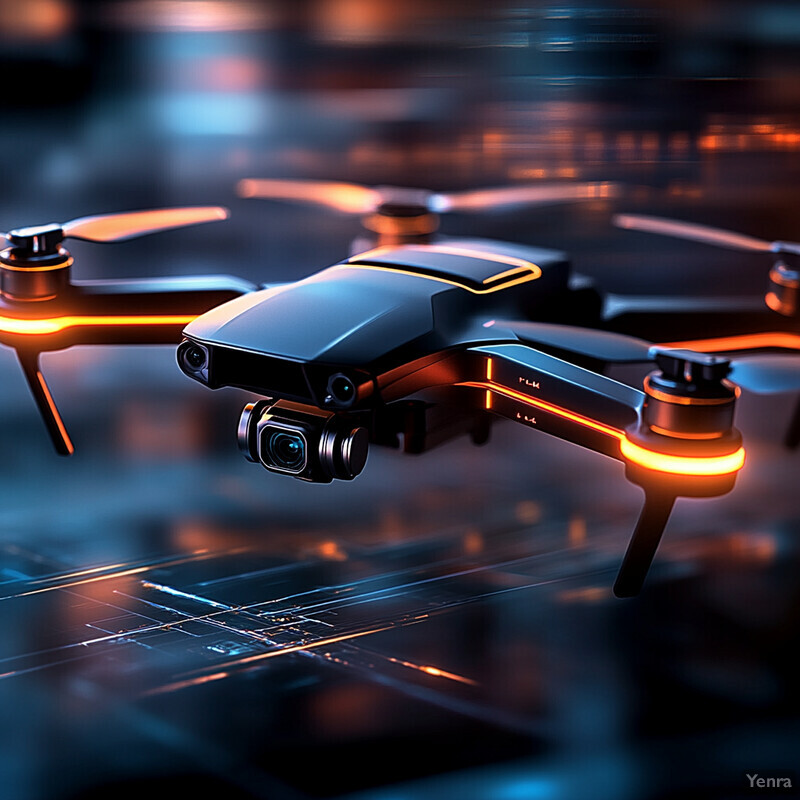 A drone is flying over a city street, capturing footage or taking photographs.