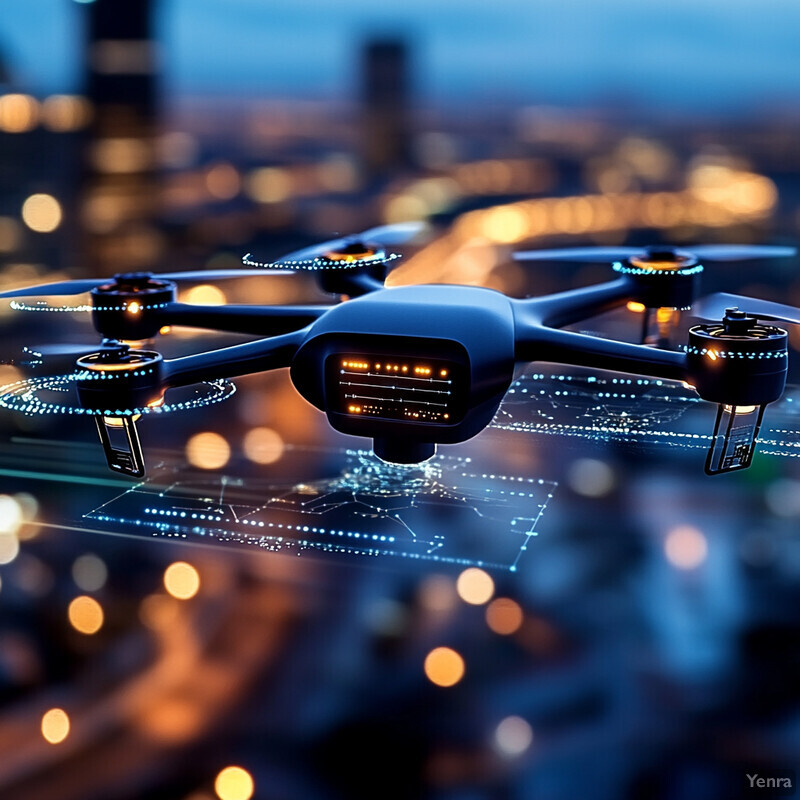 A drone flies over a cityscape at night, equipped with sensors and cameras for surveillance or mapping.