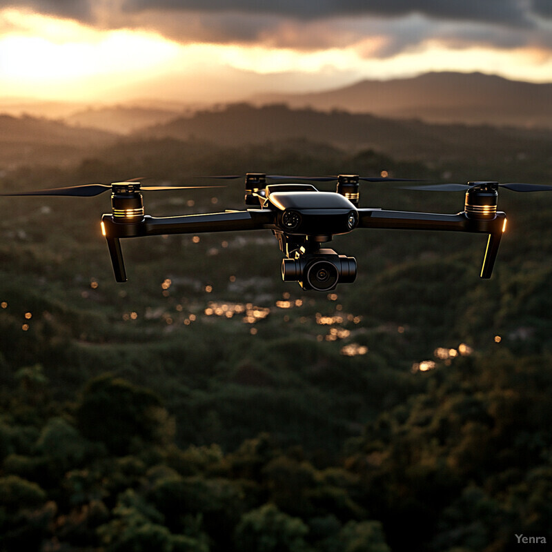 A drone flies over a landscape with hills and trees in the background at sunset.