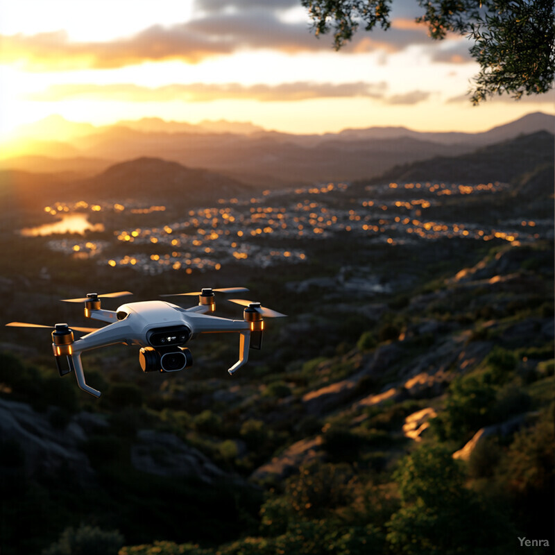 A white drone flying in front of a mountainous landscape at sunset.