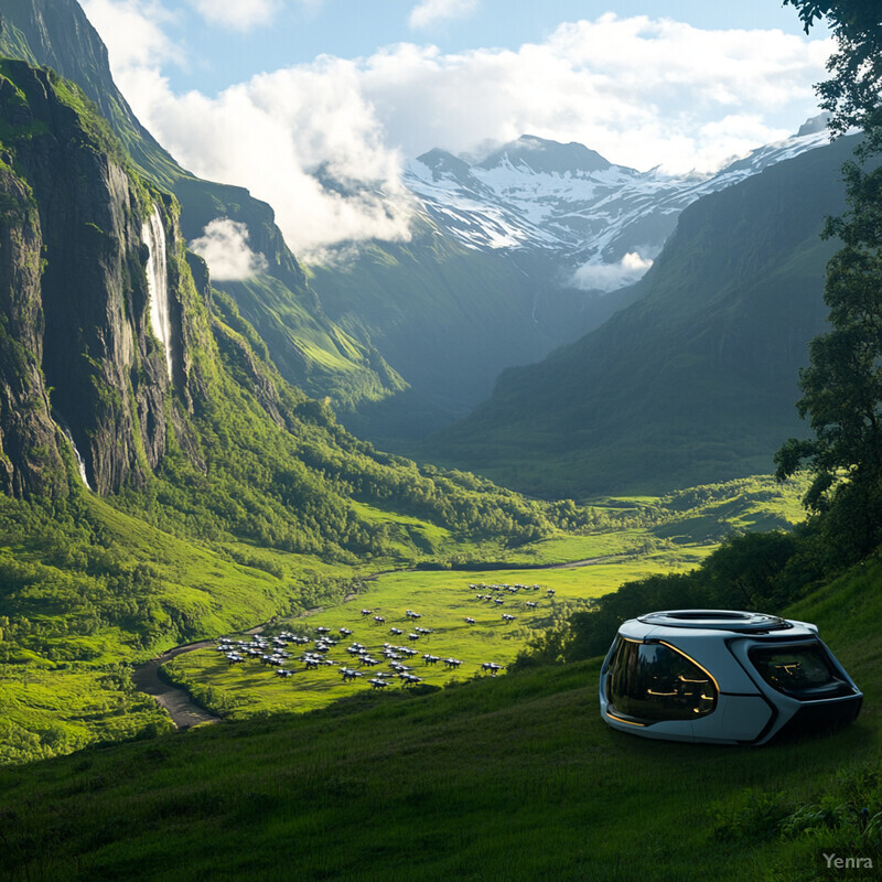 A futuristic vehicle in a picturesque landscape with mountains.