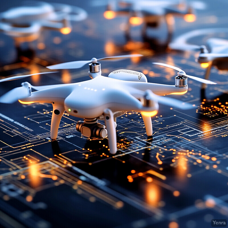 A white drone hovers above a dark blue circuit board, showcasing cutting-edge technology.