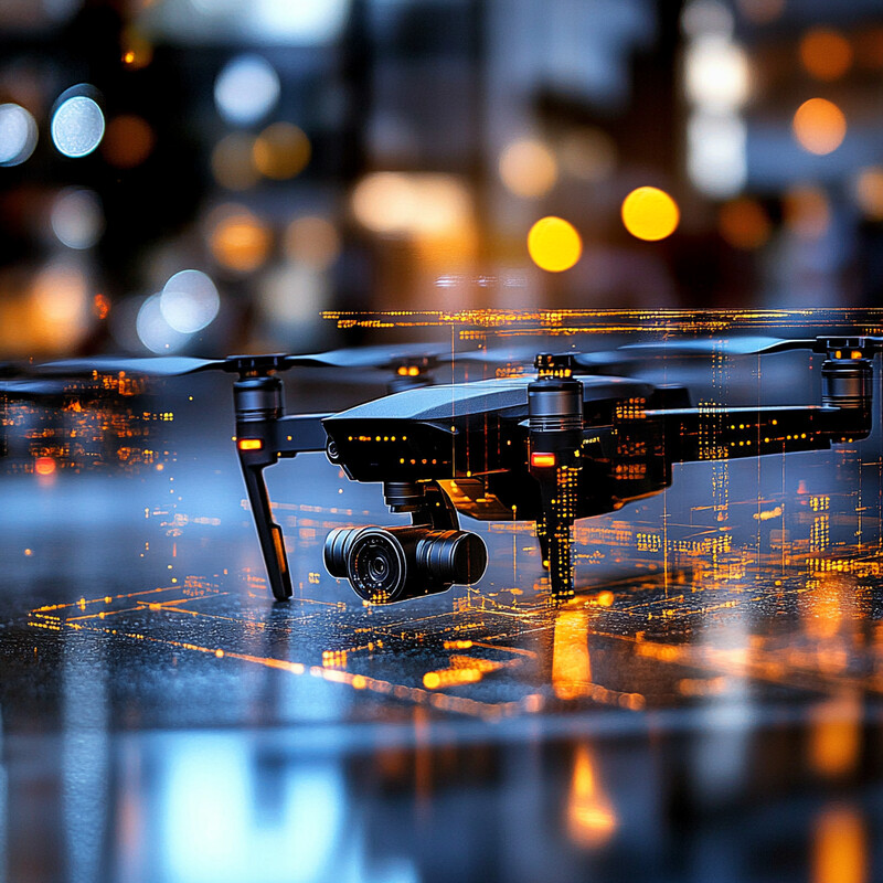 A black drone with a camera attached is placed on a reflective surface in an urban setting.