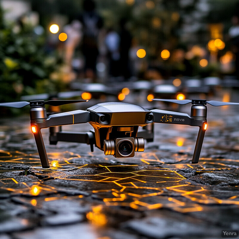 A swarm of identical drones hovers above a stone pathway in an outdoor setting, likely at night or during dusk.