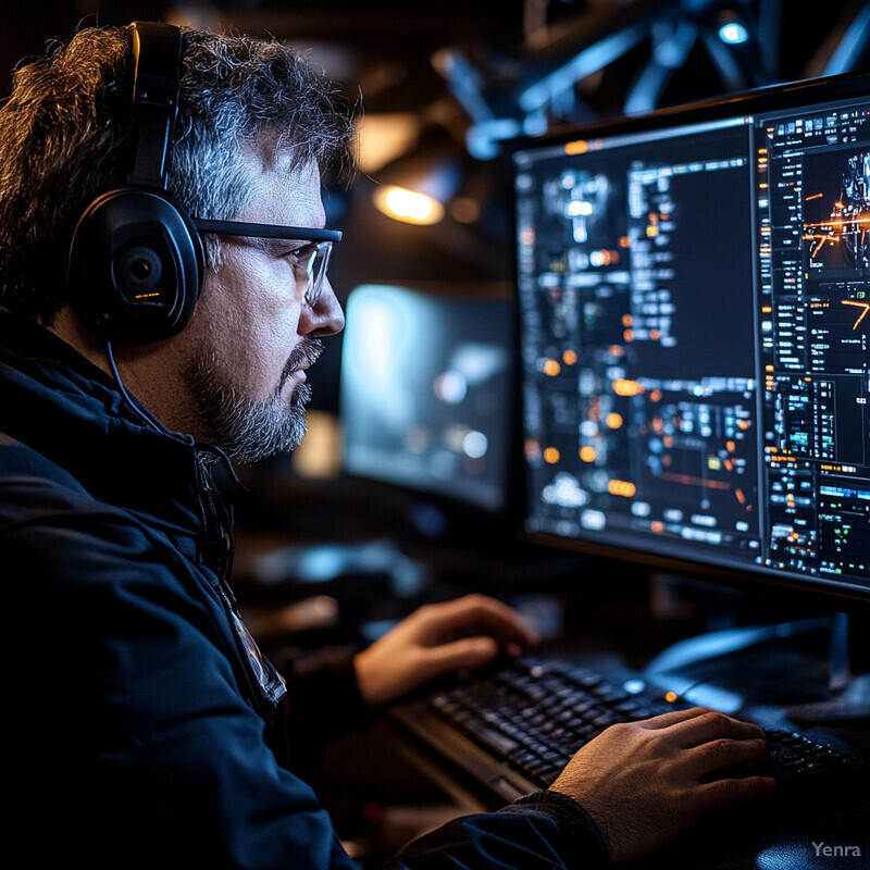 A man is working on multiple computer screens in an office setting.