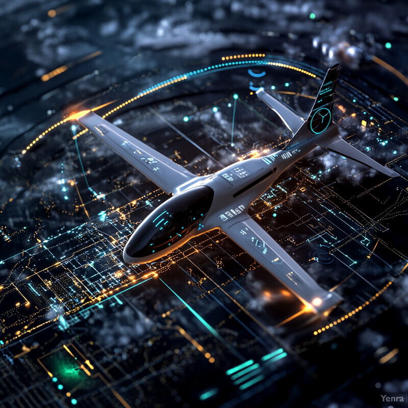 A futuristic white airplane soars over a city at night.