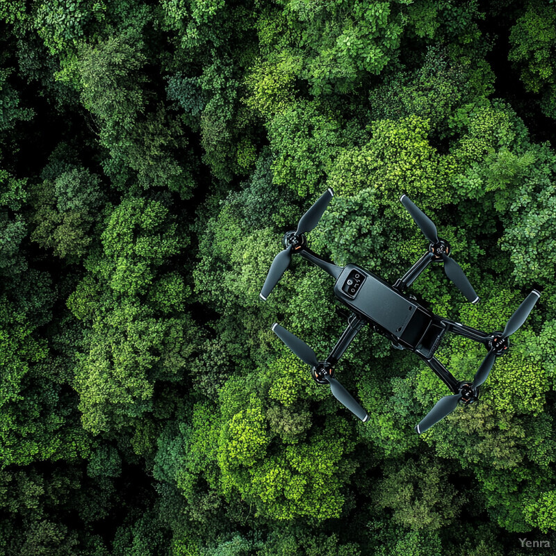 A black drone hovers above a forest, equipped with a camera or sensor on its underside.