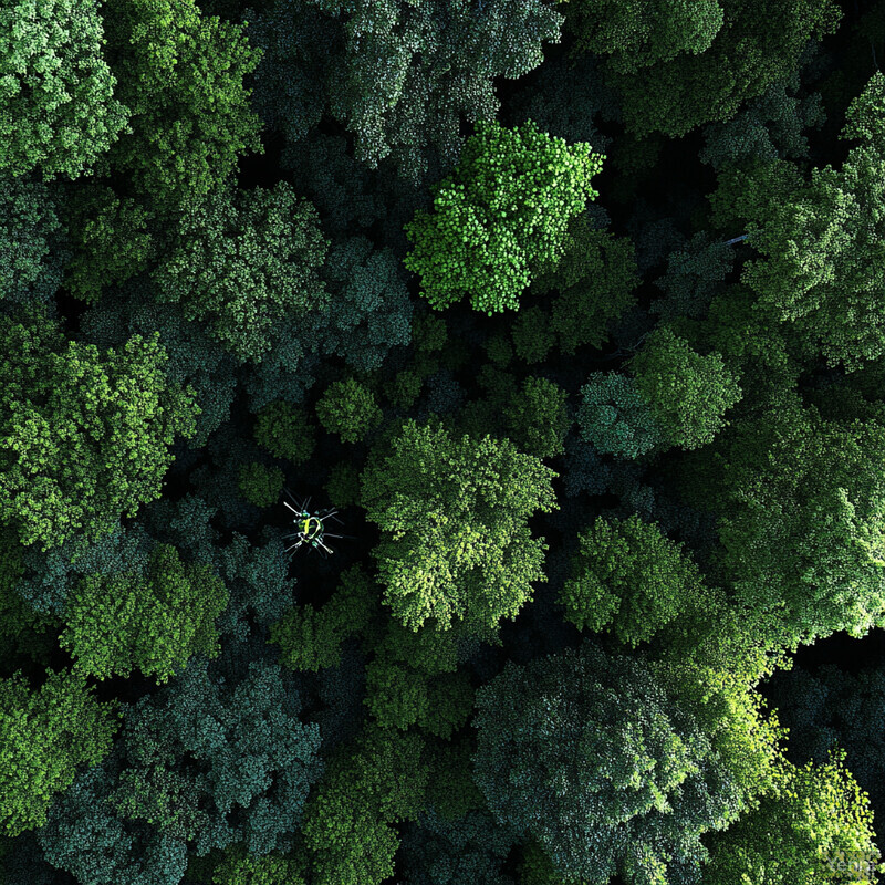 Aerial view of a forest with two canoes in the center.