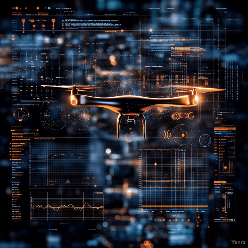 A futuristic-looking drone hovers above a dark background, surrounded by graphs and charts displaying data related to its performance or navigation.