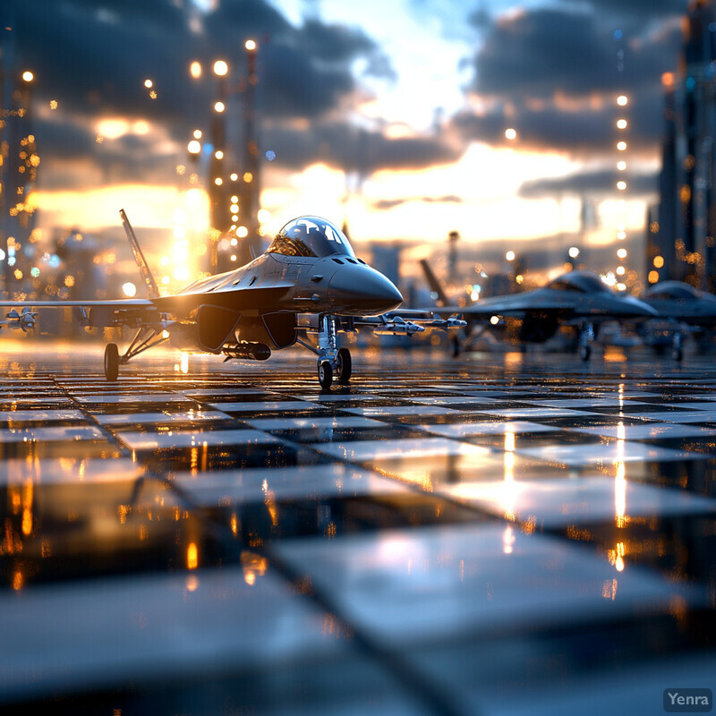 Military aircraft on a runway or airfield at sunset, ready for takeoff.