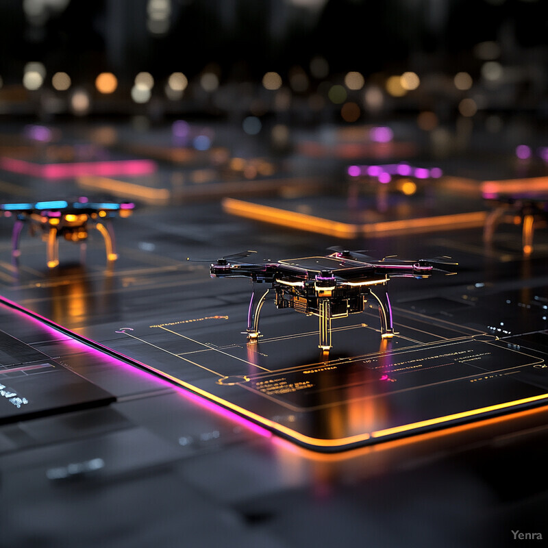 A futuristic and high-tech scene featuring multiple drones or quadcopters suspended in mid-air above a dark, reflective surface.