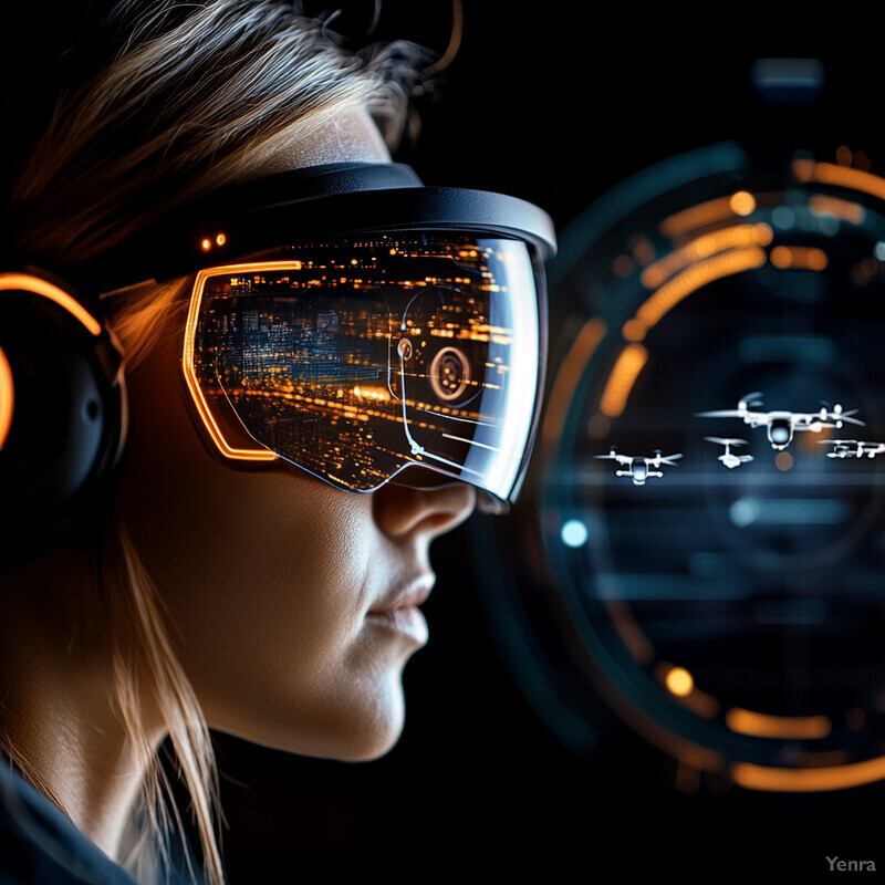 A woman wearing virtual reality goggles with a cityscape displayed on the reflective surface, set against a backdrop of graphics and symbols on a large screen.