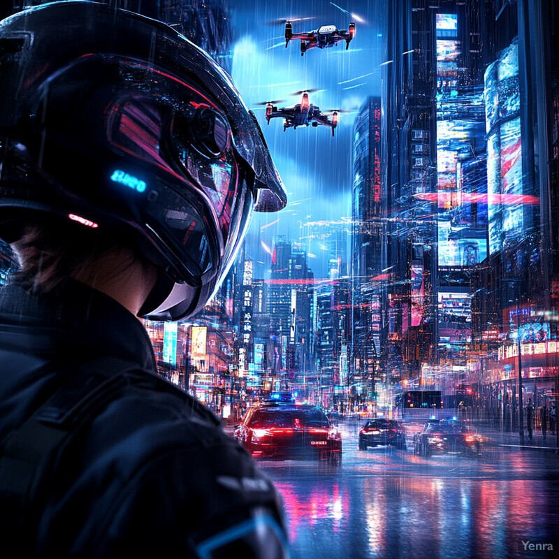 A futuristic cityscape at night, with a person standing in front of a motorcycle.