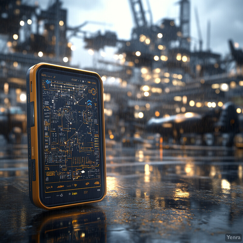 A futuristic device with an orange and black rectangular body is displayed on a wet surface in front of a blurred cityscape.