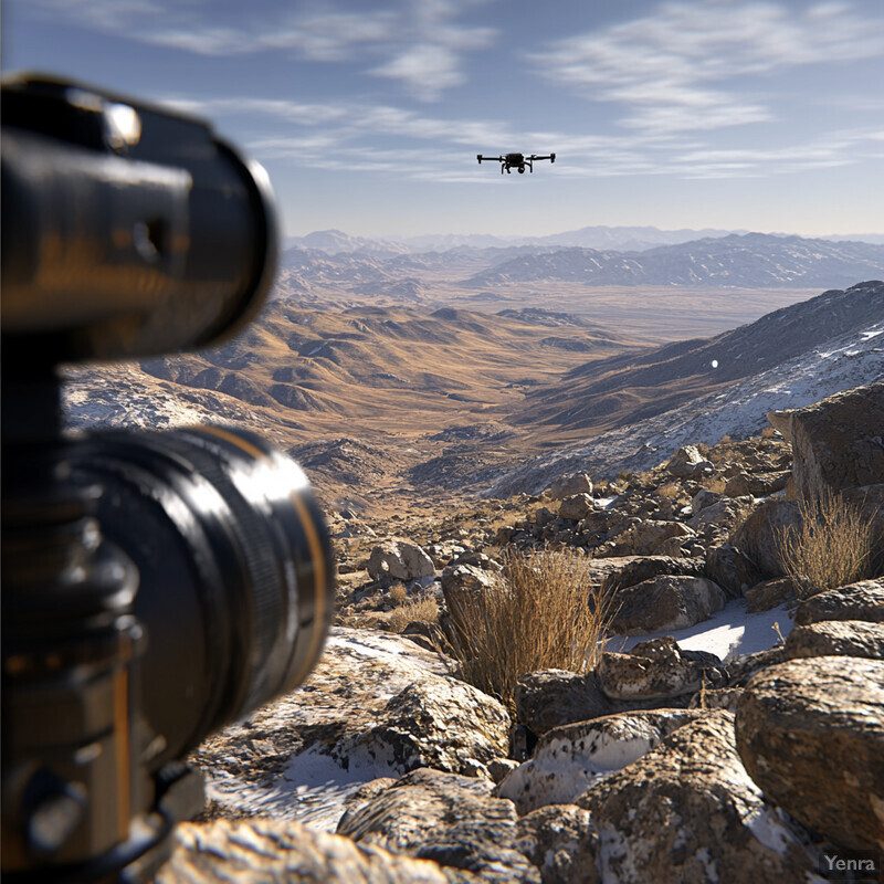 A stunning mountainous landscape with brown hills and white snow patches, featuring a flying drone in the distance.